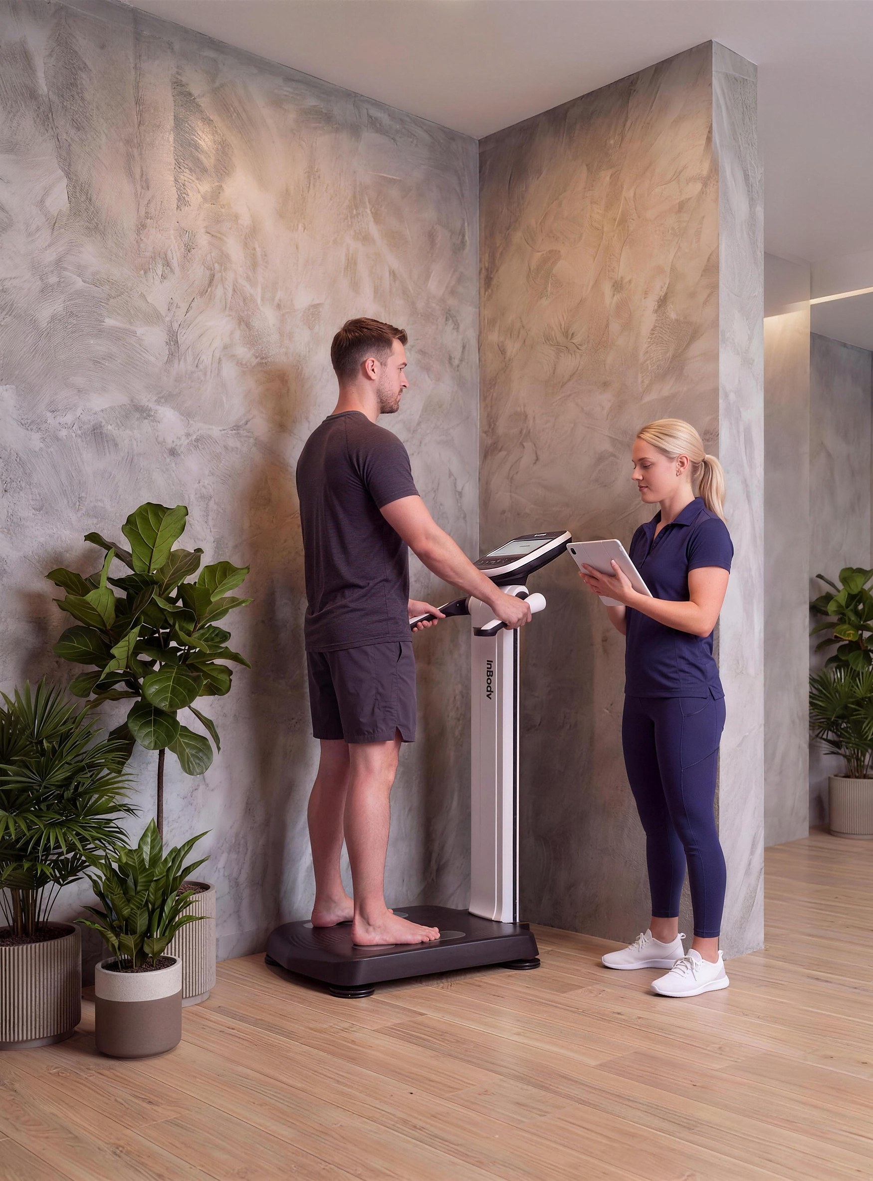 A member taking an InBody body composition scan with a Citrin Longevity team member in West Hollywood, Los Angeles