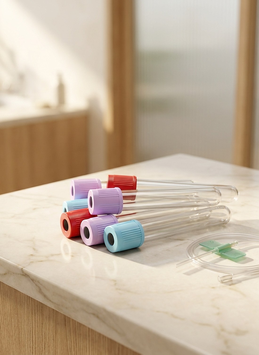 Blood collection tubes and a butterfly needle prepared for comprehensive lab testing at Citrin Longevity in West Hollywood
