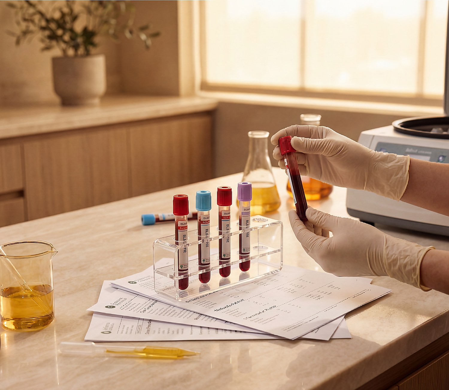 Blood panel samples and lab requisitions being processed for comprehensive testing at Citrin Longevity in West Hollywood, Los Angeles