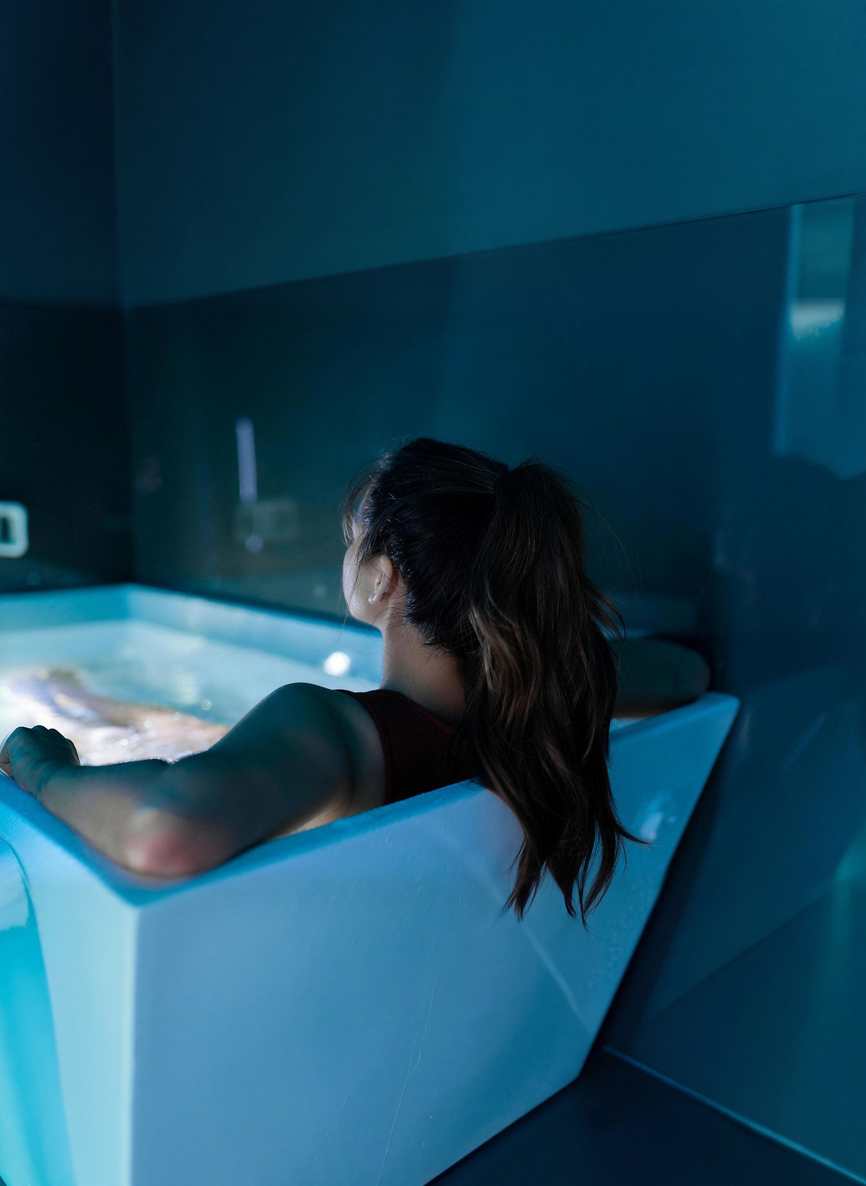 A member in the cold plunge at Citrin Longevity in West Hollywood, part of the unlimited daily recovery in the Essentials membership in Los Angeles