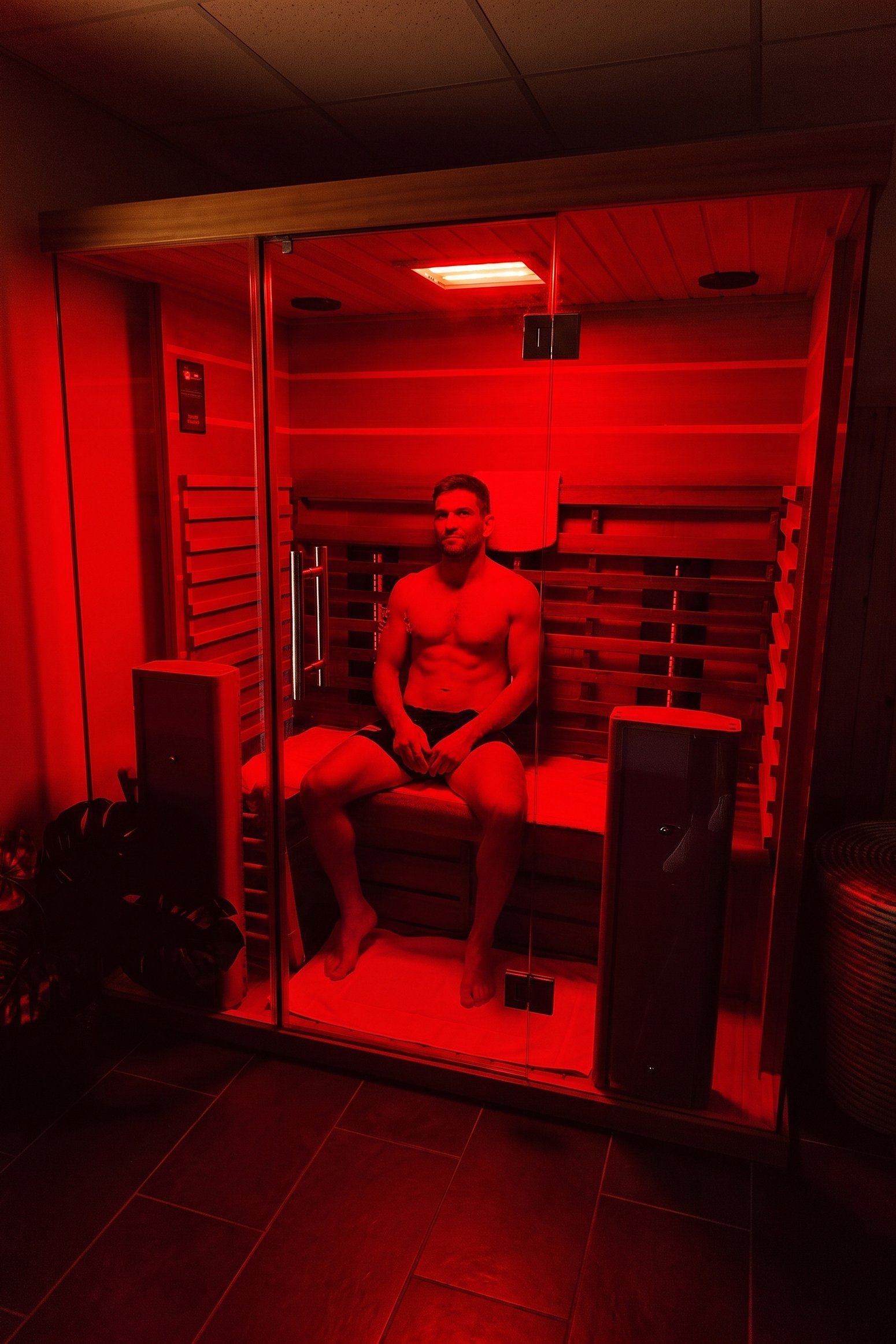 A member in the infrared sauna at Citrin Longevity in West Hollywood, unlimited with the Essentials membership in Los Angeles
