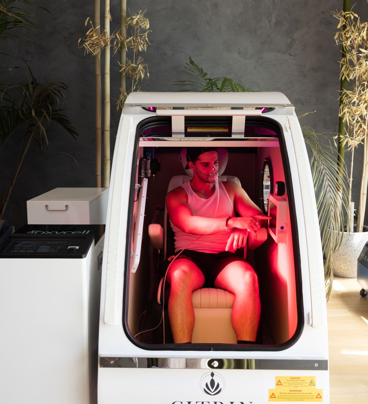 A member during a hyperbaric oxygen session at Citrin Longevity in West Hollywood