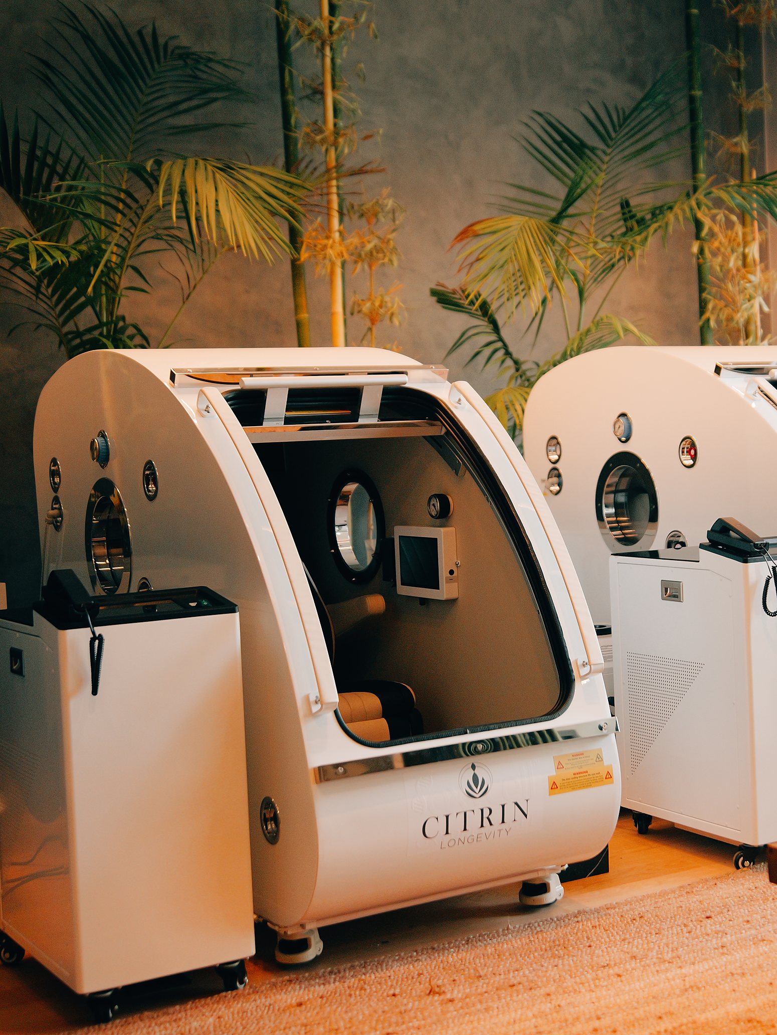 Hyperbaric oxygen chambers you will see on a guided tour of the Citrin Longevity clinic in West Hollywood, Los Angeles