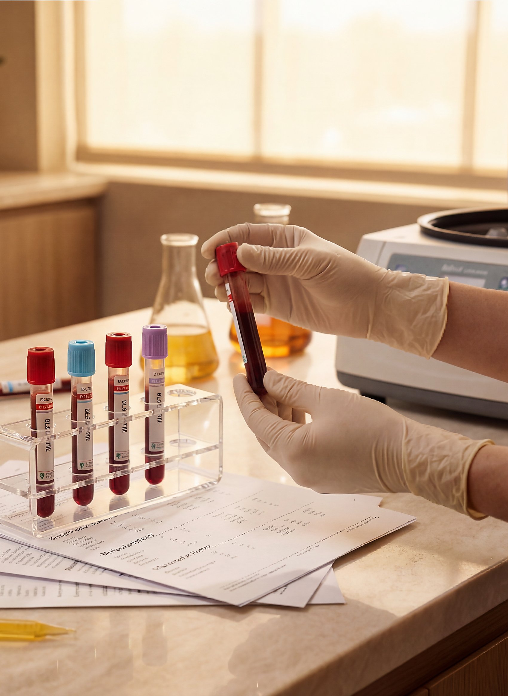 Blood samples and lab requisitions prepared for doctor lab review at Citrin Longevity in West Hollywood, the clinical framework of the Performance membership
