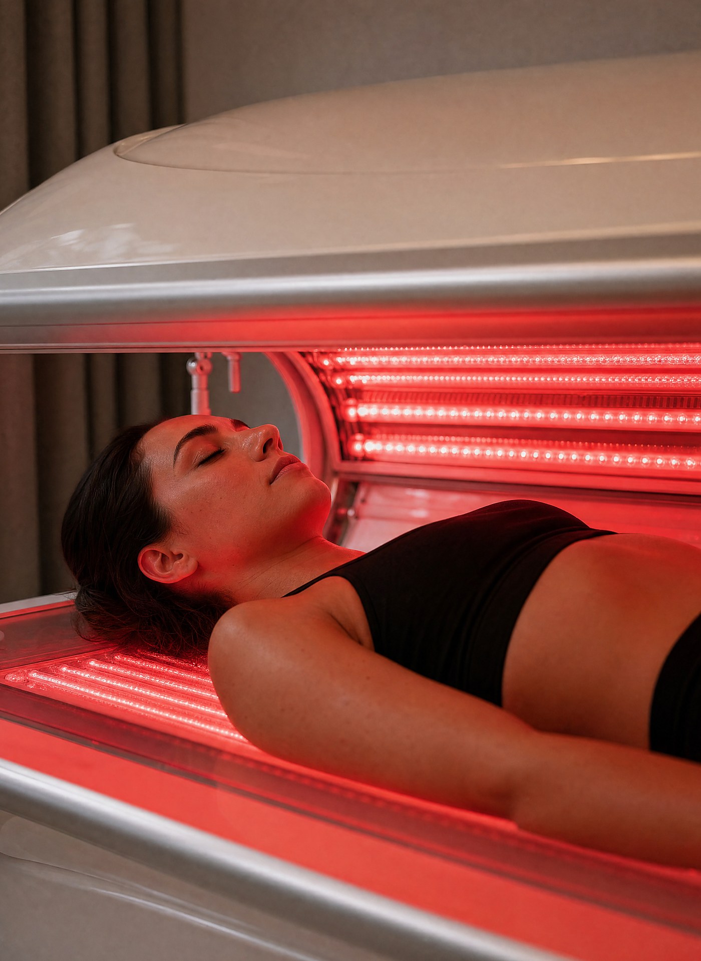 A member resting inside the full-body red light therapy bed during a 660nm and 850nm session at Citrin Longevity in West Hollywood